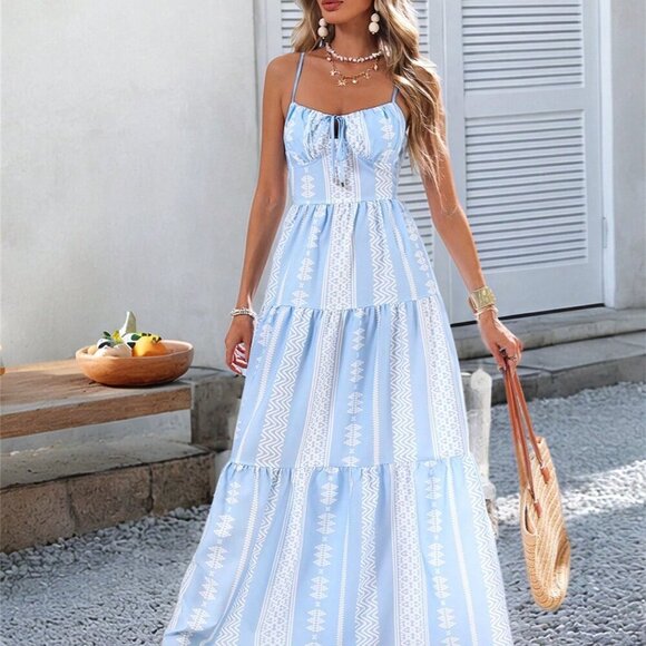 Blue Boho Women's Woven Print Spaghetti Strap Long Dress - Picture 4 of 6